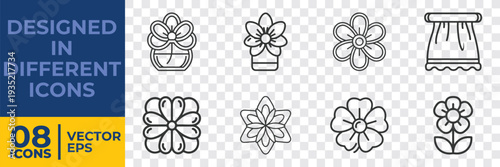 A collection of 8 minimalist vector illustrations featuring flowers, plants, and decorative planters in a flat design style, ideal for graphic projects.