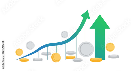 The graph shows a rising trend with coins and arrows indicating growth.