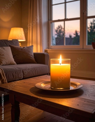 Candlelit Serenity: A cozy living space is illuminated by a warm candle, creating an ambiance of peace and tranquility, inviting introspection and a sense of calm.