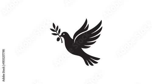 Simple black vector illustration of a dove carrying an olive branch symbolizing peace and harmony in a minimalist design concept on a white background.