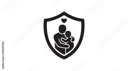 Simple black and white vector illustration of a shield with a parent and child symbolizing protection and care