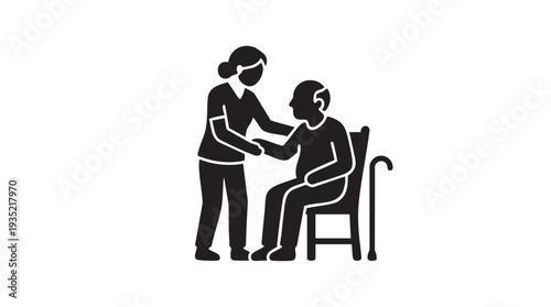 Healthcare professional assisting elderly male patient sitting on chair with walking stick vector illustration