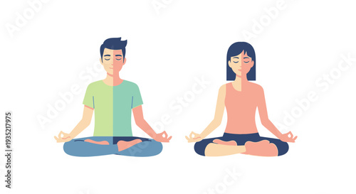 Couple meditating together in a serene environment, practicing yoga and mindfulness in a peaceful atmosphere from a front viewpoint