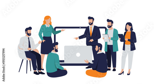 Professionals gathered around a large screen displaying a presentation in a modern office setting