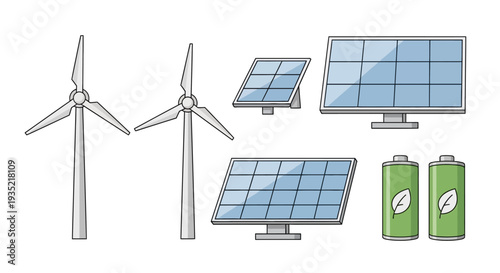 Renewable energy sources including solar panels and wind turbines are displayed with batteries.