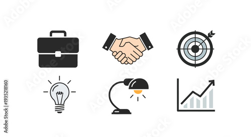 Collection of business icons representing partnership, innovation, and growth in a professional setting