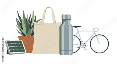 Eco-friendly accessories including reusable bag, solar panel, and bicycle on display