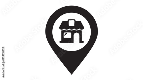 vector graphic of a map pin icon featuring a storefront symbolizing business location and retail space