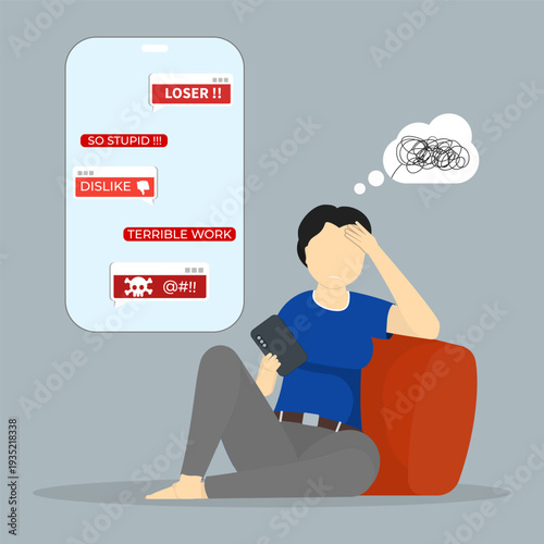 Cyberbullying concept with stressed woman reading hateful comments on smartphone, representing online harassment, social media abuse, digital toxicity, and mental health impact.