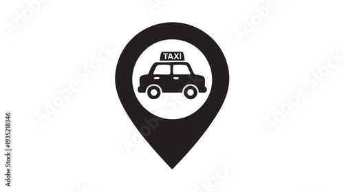 Black vector icon of a map pin with a taxi cab inside indicating location
