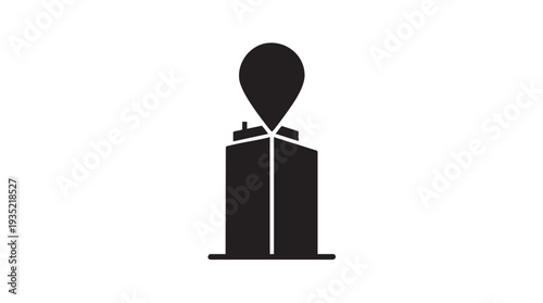 Simple black and white vector graphic of a gift box with a map pin on top, symbolizing delivery or gifting to a specific location.