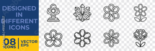 A collection of 8 minimalist vector icons featuring flowers and a trophy, designed in a flat style for versatile graphic use in EPS format.