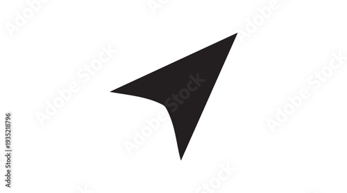 Simple vector graphic illustration of a black arrowhead symbol on a white background pointing towards the right side with a sharp tip and curved edges