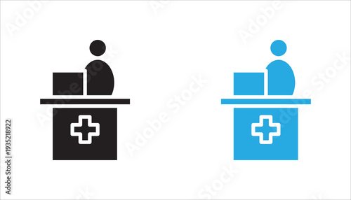 Hospital reception desk or pharmacy counter with medical cross line icon. Outline healthcare service symbol for clinic registration, hospital front desk, pharmacy service, and medical facility