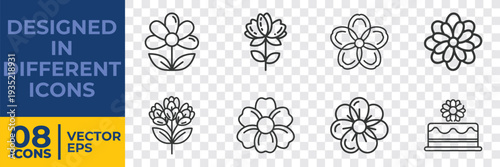 A collection of 8 minimalist vector illustrations featuring flowers, leaves, and a bookmark, designed in a flat style for versatile graphic use.