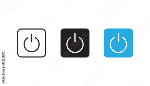 Power button on and off line icon inside rounded square. Outline symbol for device power control, startup, shutdown, energy, and technology interface.