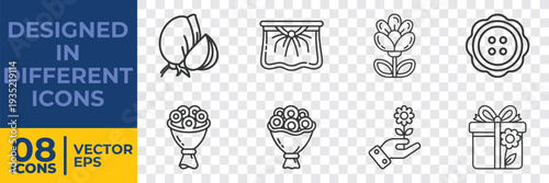 A collection of 8 minimalist flat vector icons including kitchenware, gifts, plants, and household items in a clean, modern illustration style.