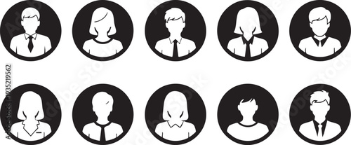 Black and white silhouettes of ten people in business attire on dark circles faces