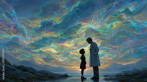 A father and child interacting with a playful holographic pediatrician, colorful and calming atmosphere