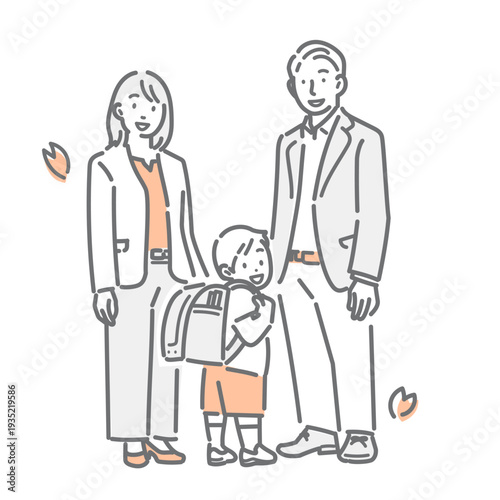 小学校の入学の日に記念写真を撮る若い家族　シンプルでお洒落な線画イラスト