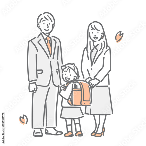 小学校の入学の日に記念写真を撮る若い家族　シンプルでお洒落な線画イラスト