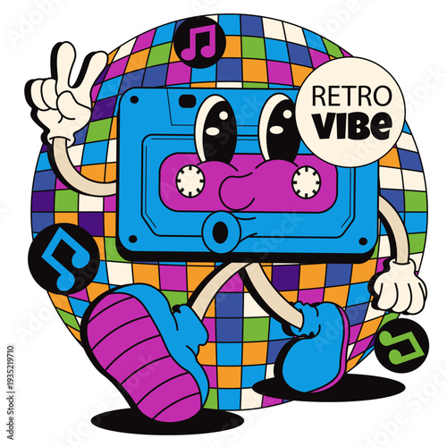 Retro Vibe art. Vector illustration of Retro 90's audio tape cartoonish character disco ball isolated transparent background. Perfect Retro mood t-shirt print hoodies decor. Editable stroke