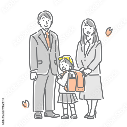 小学校の入学の日に記念写真を撮る若い家族　シンプルでお洒落な線画イラスト