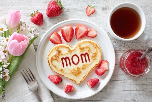 Mother'S Day Celebration Heart Shaped Pancake Breakfast With Strawberries Flowers Tea And Jam On A White Wooden Table