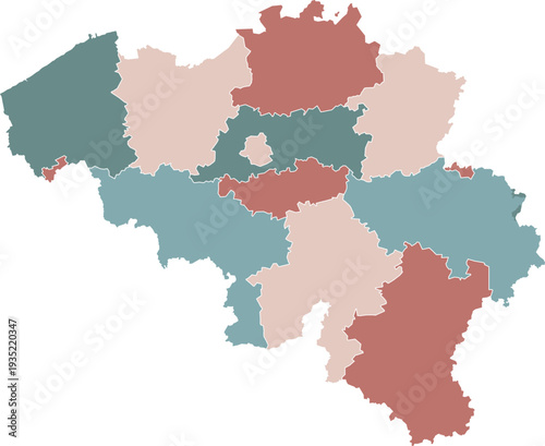 Belgium Map with Administrative Districts and Topographic Terrain
