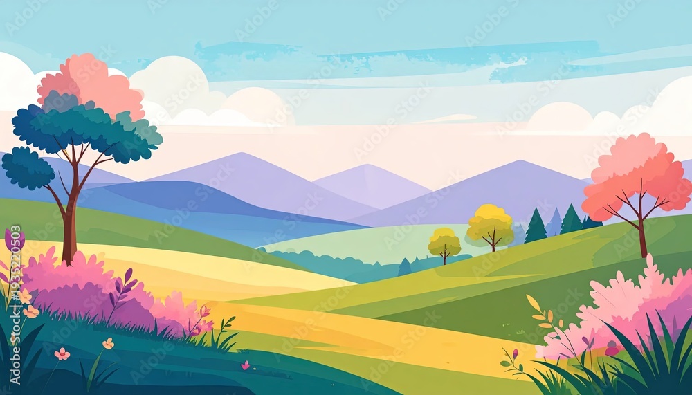 Fototapeta premium Colorful illustrated landscape featuring rolling hills, trees, and mountains under a blue sky
