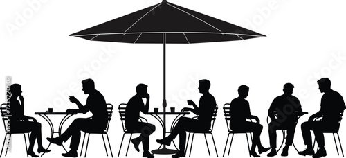 Cafe outdoor seating silhouettes, people drinking coffee under umbrella at restaurant terrace, social meeting lifestyle vector illustration