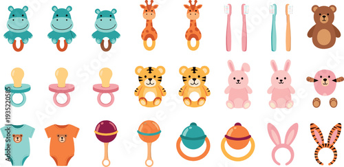 Baby Essentials Collection with Pacifiers, Teethers, Plush Toys, Bottles and Newborn Accessories Vector Illustration Set