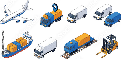 Global logistics and transportation isometric vector icons set featuring cargo airplane freight ship delivery truck train van and forklift for international supply chain management