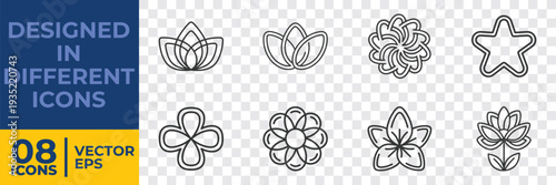 A collection of 8 minimalist vector illustrations featuring floral and ornamental designs in a flat, monochrome style, ideal for graphic projects.