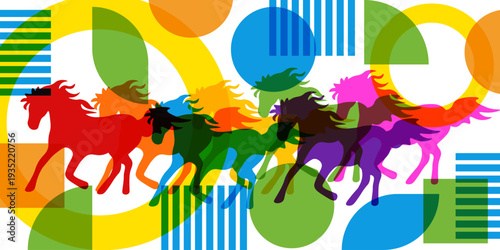 7 Horses. modern art for wall poster banner decor. Vector illustration of rainbow color 7 Horses silhouette on trendy overlay Geometric background isolated white. EPS 10