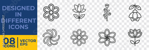 A collection of 8 minimalist floral vector icons designed in flat line art style, ideal for graphic projects, logos, and decorative elements.