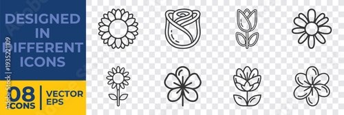 A collection of 8 minimalist vector floral icons, including daisies, tulips, and abstract flowers, designed in a flat, clean style for versatile graphic use.