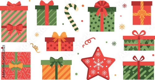 Christmas Gift Boxes Collection with Wrapped Presents Candy Cane Star and Festive Holiday Cartoon Vector Illustration Set