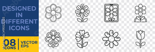 A collection of 8 minimalist vector floral icons designed in various flat styles, ideal for graphic design, web, and print projects.
