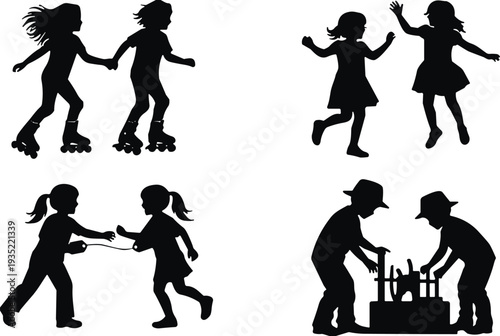 Children playing silhouettes set, kids skating dancing running and board game activities vector illustration playful childhood lifestyle collection