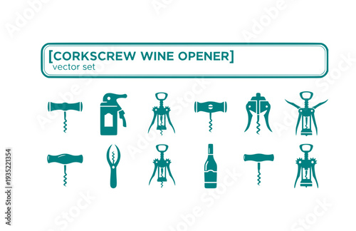 Corkscrew Wine Opener Vector Set - Black Silhouette Illustrations, Wine Tool Graphics, Corkscrew Icons, Sommelier Equipment Design Elements