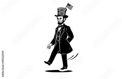 Abraham Lincoln with Tall Ladder Hat Silhouette, Funny US History Vector Sticker, Whimsical Presidential Icon and Humor