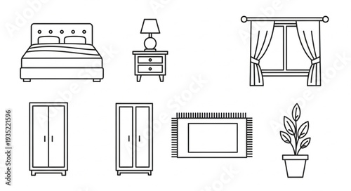 Bedroom furniture and decor line art icons.