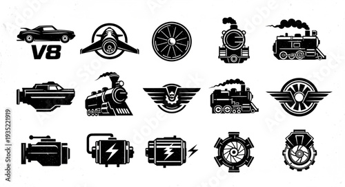 Collection of vintage car and train engine icons.