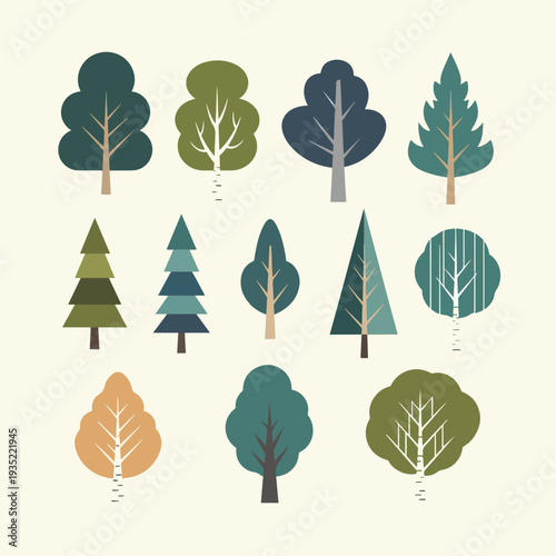 Minimalist Nature Graphic Featuring a Selection of Abstract Evergreen and Broadleaf Trees for Environmentally Friendly Brand Identity Designs