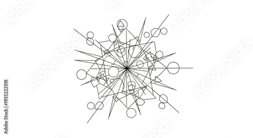 Intricate geometric snowflake design created with lines and circles, radiating outwards with sharp points and soft spheres.