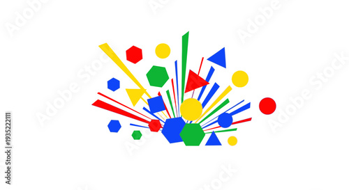 Explosion of colorful geometric shapes and lines on a white background, symbolizing creativity and abstract design.