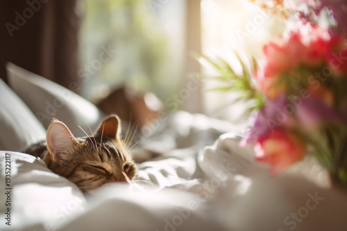 Sleeping tabby cat on bed in morning sunlight representing peace