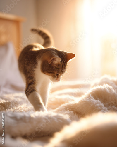 Tabby cat kneading fluffy blanket in warm morning light with copy space