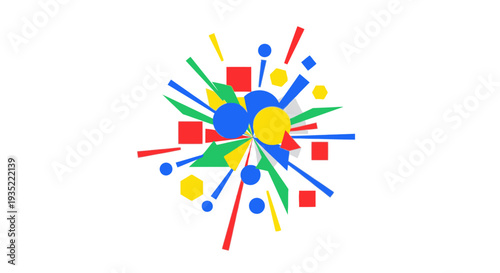 Explosion of colorful geometric shapes and lines creating a dynamic abstract burst of energy and movement against a white background.